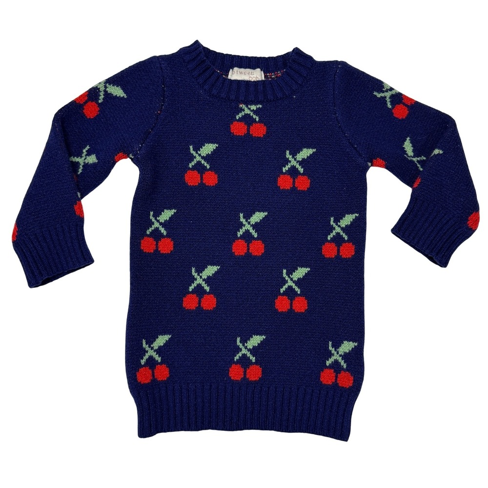 btween baby Girls Sweater Dress Cherry Print 6M Navy Blue Knit Long Sleeve